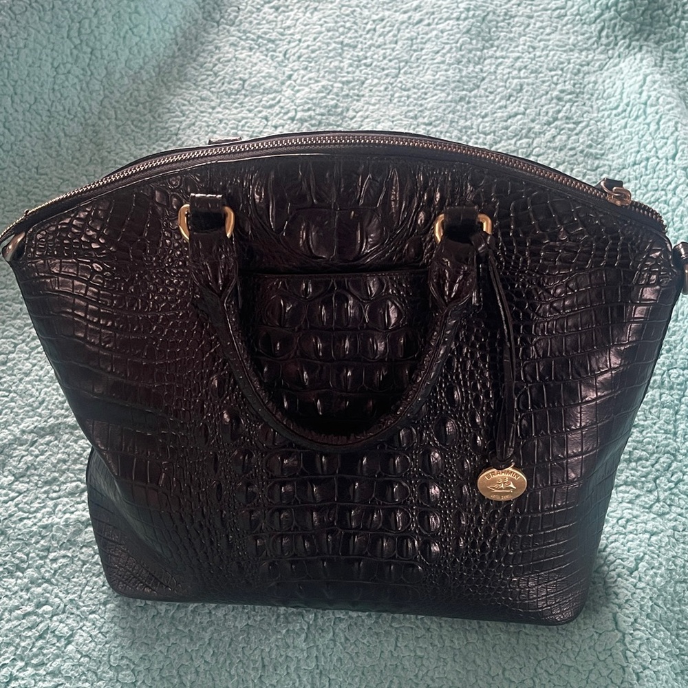 Brahmin Black Croc-Embossed Satchel with Gold Accents